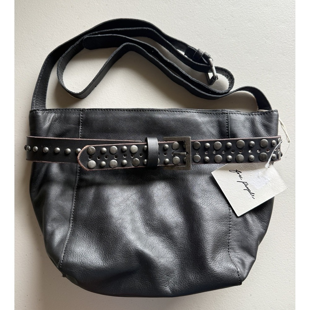 NWT Free People Embellished Studded Leather Bucket Crossbody Bag Black - Picture 4 of 14